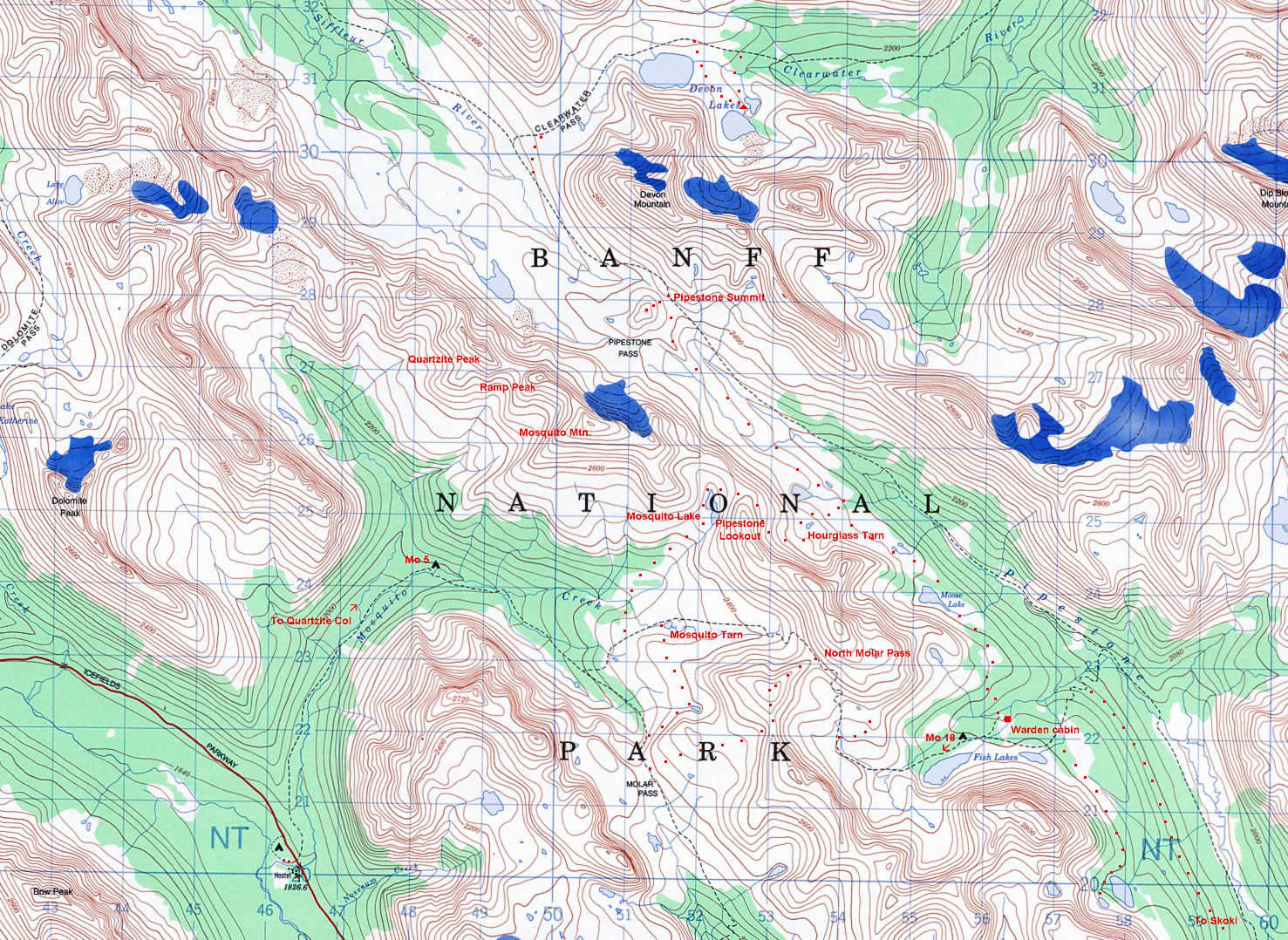 Mosquito Valley, Molar Pass, Fish Lakes, Pipestone Valley, Clearwater Pass